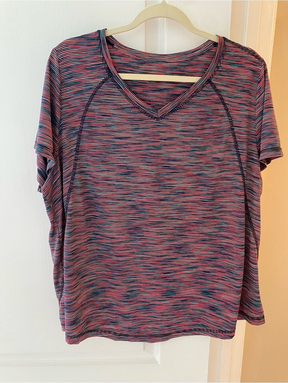 Xersion V-Neck Short Sleeve Tee in Pink and Blue Space-Dye